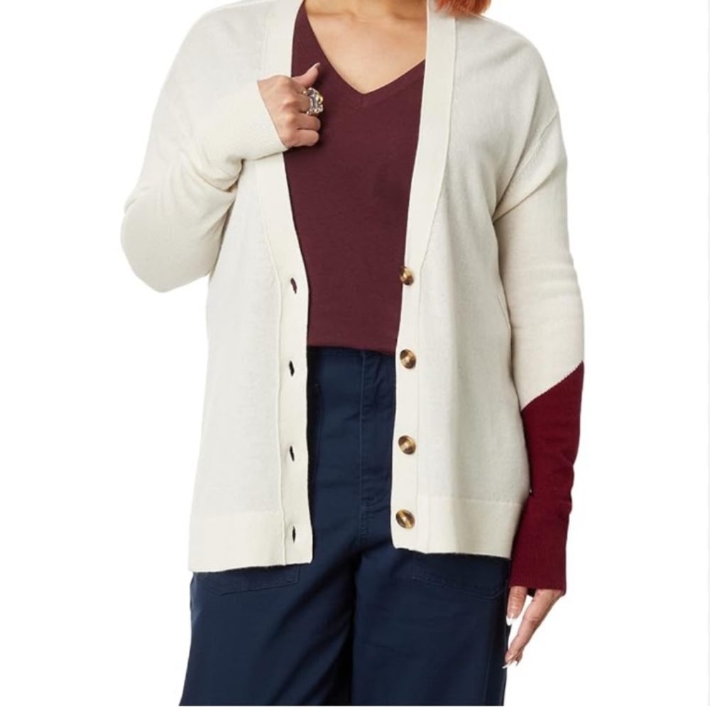 NWT Label Intarsia Cardigan Sweater Merino and Cashmere Blend Cream Large